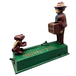 Vintage Cast Iron Monkey Bank Automaton Mechanical Coin Bank Toy